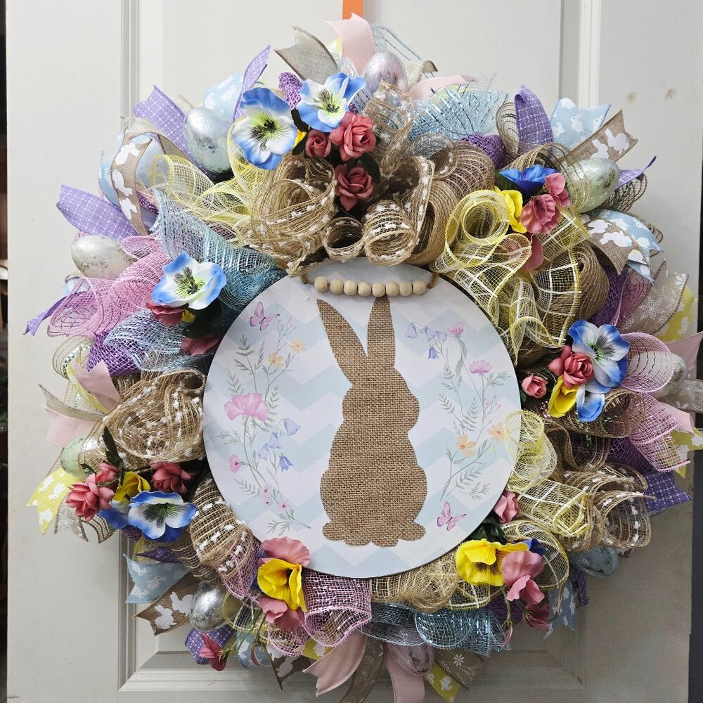 Bunny Silhouette in a Spring Garden Easter Wreath